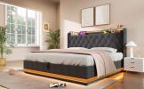 King size Upholstered bed, 360 surround LED function, Buttons/Apps/Remote Control, hydraulic storage bed with USB Type-C charging, Gray