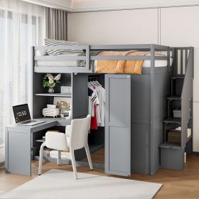 Full Size Loft Bed with Wardrobe,Desk and Shelves,Grey