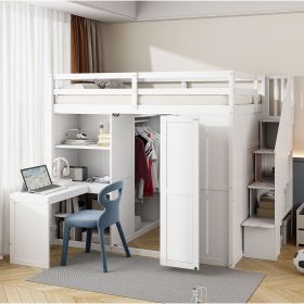 Full Size Loft Bed with Wardrobe,Desk and Shelves,White