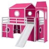 Full Size Loft Bed with Slide Pink Tent and Tower - Pink (OLD SKU:WF298771AAH)