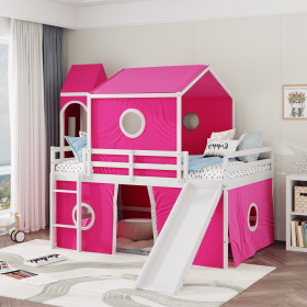 Full Size Loft Bed with Slide Pink Tent and Tower - Pink (OLD SKU:WF298771AAH)