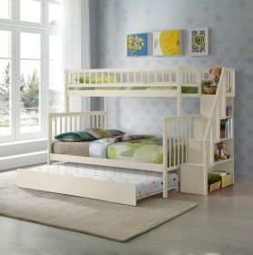 Twin over Full Stairway Bunk Bed with Trundle,Cream