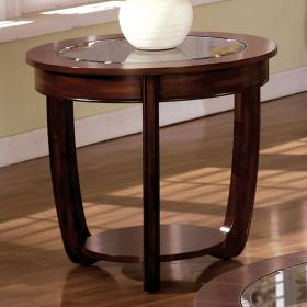 Dark Cherry 1pc End Table Open Bottom Shelf Round Design Glass Insert Top Living Room Furniture