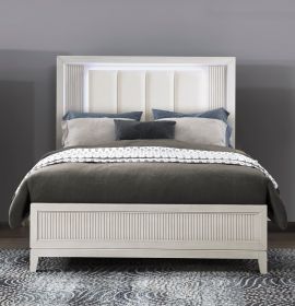 Antique White Finish Queen Bed with LED Headboard Upholstered Cushion Modern Bedroom Furniture 1pc, Reeded Fronts