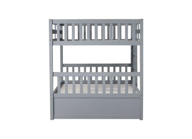 Full Over Full Rubber Wood Bunk Bed with Trundle, Ladder and Guardrails, Convertible to 2 Full Size Beds, with Twin Size Trundle ,Grey