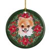 Pomeranian #2 Poinsetta Wreath Ceramic Ornament Christmas Tree Hanging Decorations for Home Christmas Holiday, Party, Gift, 3 in, Multicolor