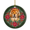 Tibetan Mastiff Poinsetta Wreath Ceramic Ornament Christmas Tree Hanging Decorations for Home Christmas Holiday, Party, Gift, 3 in, Multicolor