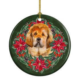 Tibetan Mastiff Poinsetta Wreath Ceramic Ornament Christmas Tree Hanging Decorations for Home Christmas Holiday, Party, Gift, 3 in, Multicolor