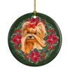 Yorkshire Terrier Poinsetta Wreath Ceramic Ornament Christmas Tree Hanging Decorations for Home Christmas Holiday, Party, Gift, 3 in, Multicolor