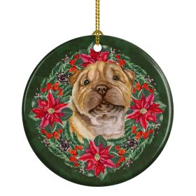 Shar Pei Puppy Poinsetta Wreath Ceramic Ornament Christmas Tree Hanging Decorations for Home Christmas Holiday, Party, Gift, 3 in, Multicolor