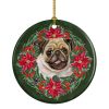 Fawn Pug Poinsetta Wreath Ceramic Ornament Christmas Tree Hanging Decorations for Home Christmas Holiday, Party, Gift, 3 in, Multicolor