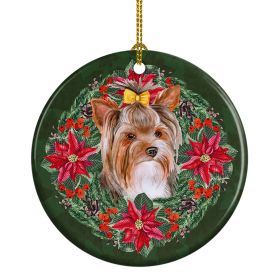 Yorkshire Terrier #2 Poinsetta Wreath Ceramic Ornament Christmas Tree Hanging Decorations for Home Christmas Holiday, Party, Gift, 3 in, Multicolor