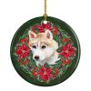 Siberian Husky Poinsetta Wreath Ceramic Ornament Christmas Tree Hanging Decorations for Home Christmas Holiday, Party, Gift, 3 in, Multicolor