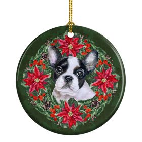 French Bulldog Black White Poinsetta Wreath Ceramic Ornament Christmas Tree Hanging Decorations for Home Christmas Holiday, Party, Gift, 3 in