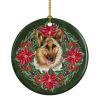 German Shepherd Poinsetta Wreath Ceramic Ornament Christmas Tree Hanging Decorations for Home Christmas Holiday, Party, Gift, 3 in, Multicolor