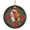 Cavalier Spaniel Poinsetta Wreath Ceramic Ornament Christmas Tree Hanging Decorations for Home Christmas Holiday, Party, Gift, 3 in, Multicolor