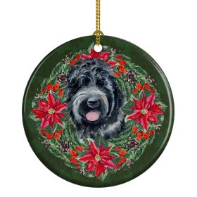 Black Russian Terrier Poinsetta Wreath Ceramic Ornament Christmas Tree Hanging Decorations for Home Christmas Holiday, Party, Gift, 3 in, Multicolor