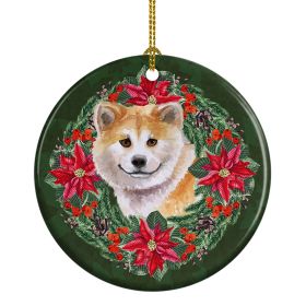 Shiba Inu Poinsetta Wreath Ceramic Ornament Christmas Tree Hanging Decorations for Home Christmas Holiday, Party, Gift, 3 in, Multicolor