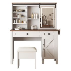 Farmhouse Makeup Vanity Desk with Sliding Mirror and Lights and Hairdryer holder and charging socket Multilayer storage Shelves