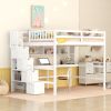 Full Size Loft Bed with Built-in Desk, Bookshelves and Storage Staircase,White