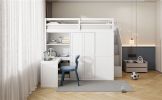 Full Size Loft Bed with Wardrobe,Desk and Shelves,White