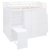 Full Size Loft Bed with Wardrobe,Desk and Shelves,White