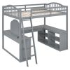 Full Wooden Loft Bed with U-shaped Desk,Storage Compartments and Tri-fold Mirror, Gray