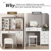 Farmhouse Makeup Vanity Desk with Sliding Mirror and Lights and Hairdryer holder and charging socket Multilayer storage Shelves