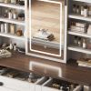 Farmhouse Makeup Vanity Desk with Sliding Mirror and Lights and Hairdryer holder and charging socket Multilayer storage Shelves