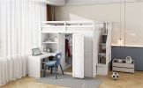 Full Size Loft Bed with Wardrobe,Desk and Shelves,White