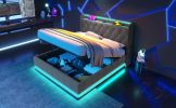 King size Upholstered bed, 360 surround LED function, Buttons/Apps/Remote Control, hydraulic storage bed with USB Type-C charging, Gray