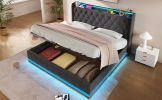 King size Upholstered bed, 360 surround LED function, Buttons/Apps/Remote Control, hydraulic storage bed with USB Type-C charging, Gray