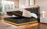 King size Upholstered bed, 360 surround LED function, Buttons/Apps/Remote Control, hydraulic storage bed with USB Type-C charging, Gray