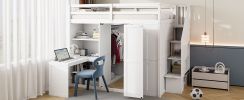 Full Size Loft Bed with Wardrobe,Desk and Shelves,White