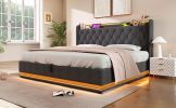 King size Upholstered bed, 360 surround LED function, Buttons/Apps/Remote Control, hydraulic storage bed with USB Type-C charging, Gray