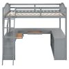 Full Wooden Loft Bed with U-shaped Desk,Storage Compartments and Tri-fold Mirror, Gray