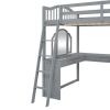 Full Wooden Loft Bed with U-shaped Desk,Storage Compartments and Tri-fold Mirror, Gray