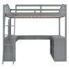 Full Wooden Loft Bed with U-shaped Desk,Storage Compartments and Tri-fold Mirror, Gray