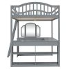 Full Wooden Loft Bed with U-shaped Desk,Storage Compartments and Tri-fold Mirror, Gray