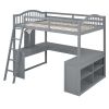 Full Wooden Loft Bed with U-shaped Desk,Storage Compartments and Tri-fold Mirror, Gray