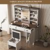 Farmhouse Makeup Vanity Desk with Sliding Mirror and Lights and Hairdryer holder and charging socket Multilayer storage Shelves