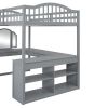 Full Wooden Loft Bed with U-shaped Desk,Storage Compartments and Tri-fold Mirror, Gray