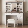 Farmhouse Makeup Vanity Desk with Sliding Mirror and Lights and Hairdryer holder and charging socket Multilayer storage Shelves