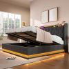 King size Upholstered bed, 360 surround LED function, Buttons/Apps/Remote Control, hydraulic storage bed with USB Type-C charging, Gray