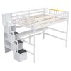 Full Size Loft Bed with Built-in Desk, Bookshelves and Storage Staircase,White