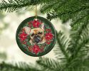 French Bulldog Poinsetta Wreath Ceramic Ornament Christmas Tree Hanging Decorations for Home Christmas Holiday, Party, Gift, 3 in, Multicolor