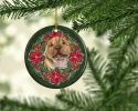 Shar Pei Puppy Poinsetta Wreath Ceramic Ornament Christmas Tree Hanging Decorations for Home Christmas Holiday, Party, Gift, 3 in, Multicolor