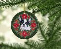 French Bulldog Black White Poinsetta Wreath Ceramic Ornament Christmas Tree Hanging Decorations for Home Christmas Holiday, Party, Gift, 3 in