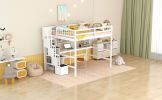 Full Size Loft Bed with Built-in Desk, Bookshelves and Storage Staircase,White