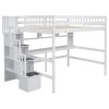 Full Size Loft Bed with Built-in Desk, Bookshelves and Storage Staircase,White